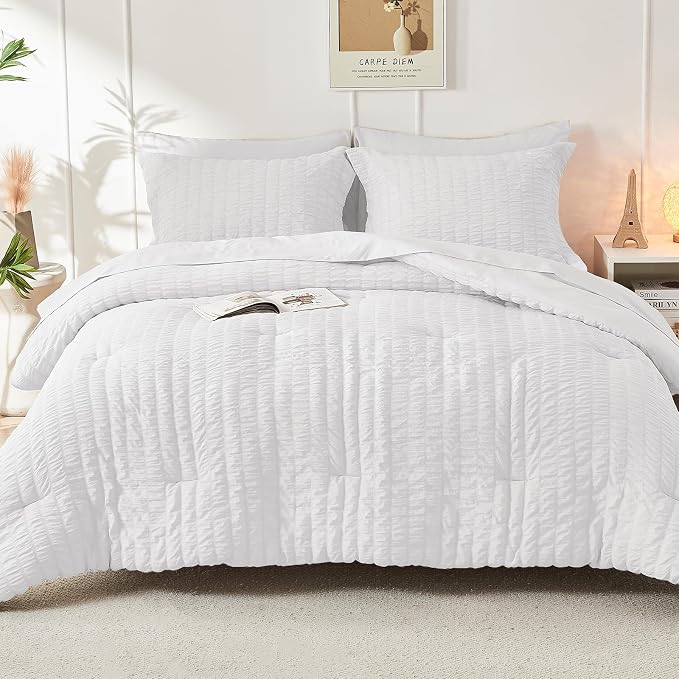 HYMOKEGE White Oversized Queen Comforter Set Seersucker 7 Pieces, All Season Luxury Bed in a Bag for Bedroom, Bedding Set with Comforter, Sheets, Pillowcases & Shams