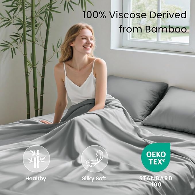 Love's cabin 4 Piece Queen Sheet Set, 100% Rayon Derived from Bamboo, Cooling & Breathable, Soft Silky Deep Pocket up to 16", Hotel Luxury Bedding for Hot Sleepers, Light Grey