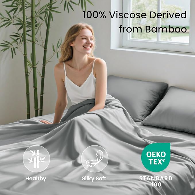 Love's cabin 4 Piece California King Size Sheet Set, 100% Rayon Derived from Bamboo, Cooling & Breathable, Soft Silky Deep Pocket up to 16", Hotel Luxury Bedding for Hot Sleepers, Light Grey