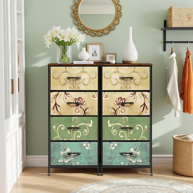 4 Drawers Dresser for Bedroom Fabric Storage Tower with Wooden Top | Steel Frame Tall Chest of Drawers for Closet, Entryway, Dorm, Floral Painted