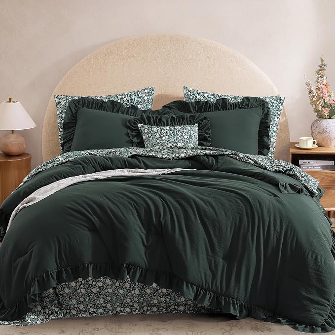 King Size Comforter Set-7 Pieces Ruffle Bedding Floral Sheet | Green Bed in a Bag, Soft Lightweight All Season Farmhouse King Size Bedding Sets with Floral Sheets, Pillowcases & Shams