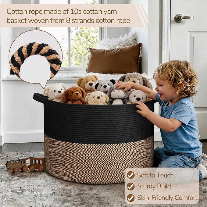 INDRESSME 115L Extra Large Woven Rope Blanket Basket Living Room, Mix Black | 23.6" x 15.7" Storage baskets for toys laundry & pillows. Fits living room, bedroom or nursery décor. Soft-touch with handles