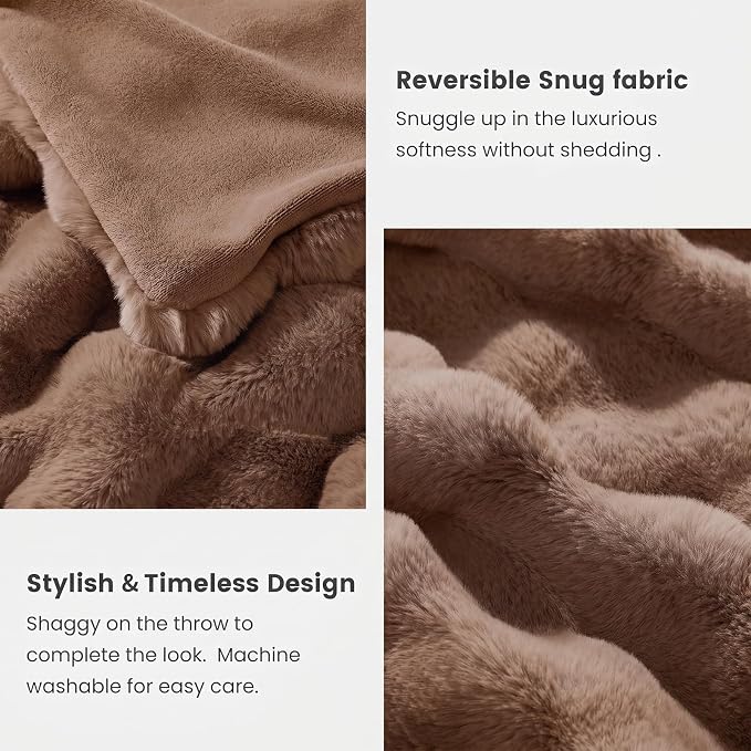 Cozy Bliss Faux Fur Throw Blanket for Couch, Fuzzy Soft Plush Thick Bubble Blanket for Sofa Bedroom Living Room, 60 * 80 Inches Light Brown