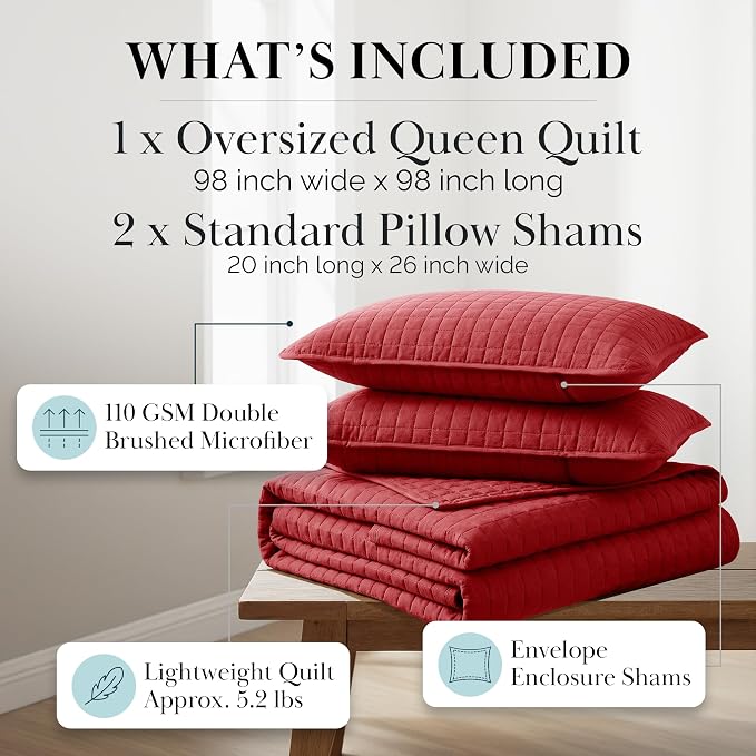 Southshore Fine Living, Inc. Full/Queen Quilt Bedding Set, Microfiber Quilts Queen Size, Coverlet, Stain & Pet Hair Resistant Bedding, Full Size Bedspread with 2 Pillow Shams, Chili Pepper Red
