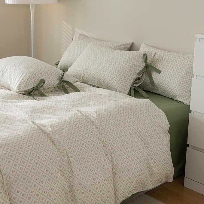 mixinni Red Floral Duvet Cover Set Full Size - 100% Cotton Green Grid Bedding with Bow Ties, 3PC Cottagecore Comforter Cover (1 Duvet Cover + 2 Pillowcases) Vintage Garden Style Soft Aesthetic