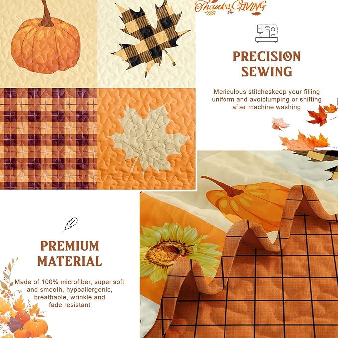 Fall Patchwork Quilt Set Queen Size 3 Piece Thanksgiving Bedding Set Orange | Sunflower Maple Leaves Pumpkin Pattern Bedspread Coverlet, Soft Microfiber Cozy Farmhouse Autumn Bedding Decor (96"x90")