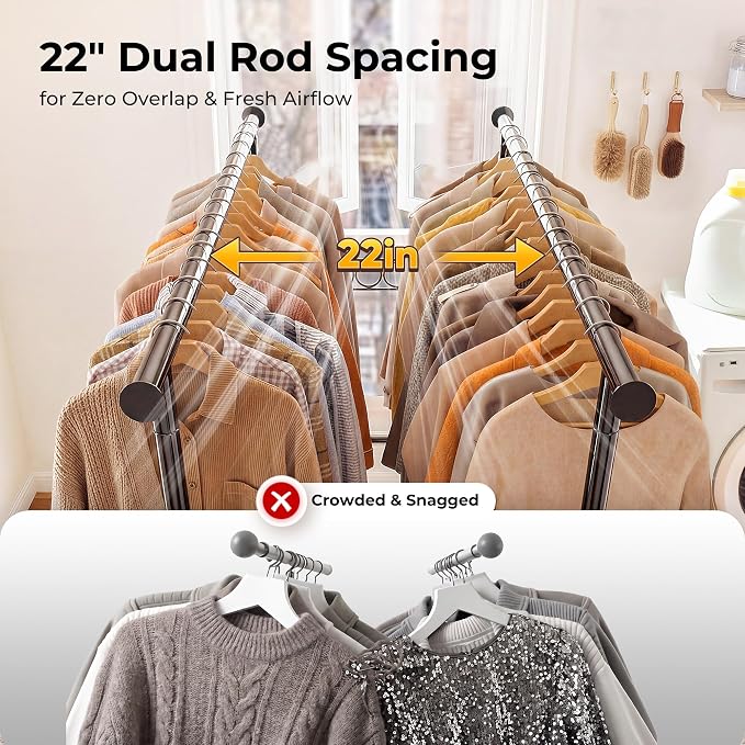 HOKEEPER Clothes Rack Heavy Duty Clothing Rack Load 650 LBS Collapsible | Garment Rack with Wheels Double Rod Clothes Rack for Hanging Clothes Commercial Portable Black, 2 Packs 22"D*75"W*68"H