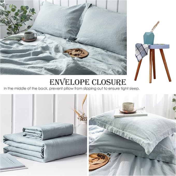 Simple&Opulence 100% Linen Duvet Cover Set 3pcs Basic Style Natural French Washed Flax Solid Color Soft Breathable Farmhouse Bedding with Button Closure - Dusty Blue, Full