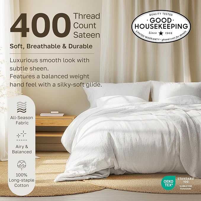 Pack of 2 100% Cotton Sateen King Fitted Sheet Deep Pocket, White | 2 Fitted Sheets, 400 Thread Count Backed by Good Housekeeping Seal, 16" Deep Pocket, All-Around Elastic, No-Pop Fit, Durable