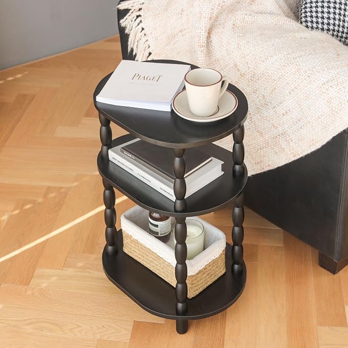 MaxSmeo Black Side Table with Charging Station, 3-Tier Small Oval End Table with USB Ports and Outlet, Modern Night Stand Wood Accent Table for Living Room, Bedroom, Black