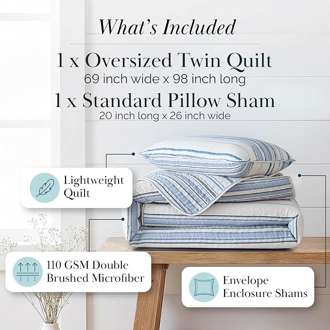 Southshore Fine Living, Inc. Twin XL Quilt Bedding Set, Dorm Bedding Essentials, Stain Resistant, Hotel Quality Striped Bedspread, Twin XL Coverlet Set w/Quilted Pillow Sham, Blue Striped Quilts