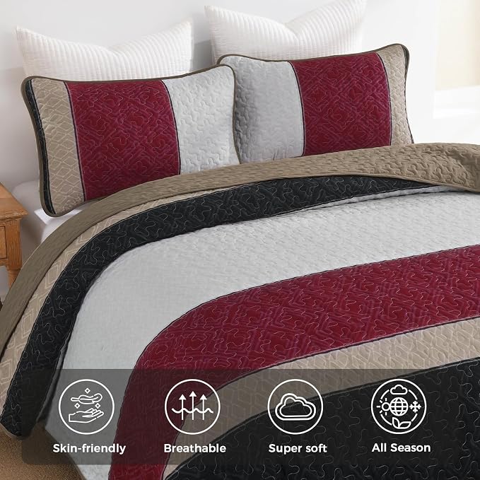 Cottolester Quilts Queen Size,Black Red Striped Bedspread Coverlet Set | Lightweight Patchwork Quilted Bedding Set with 2 PillowShams,Soft Microfiber,All Seasons Quilts Queen Size for Bed 96"x90"