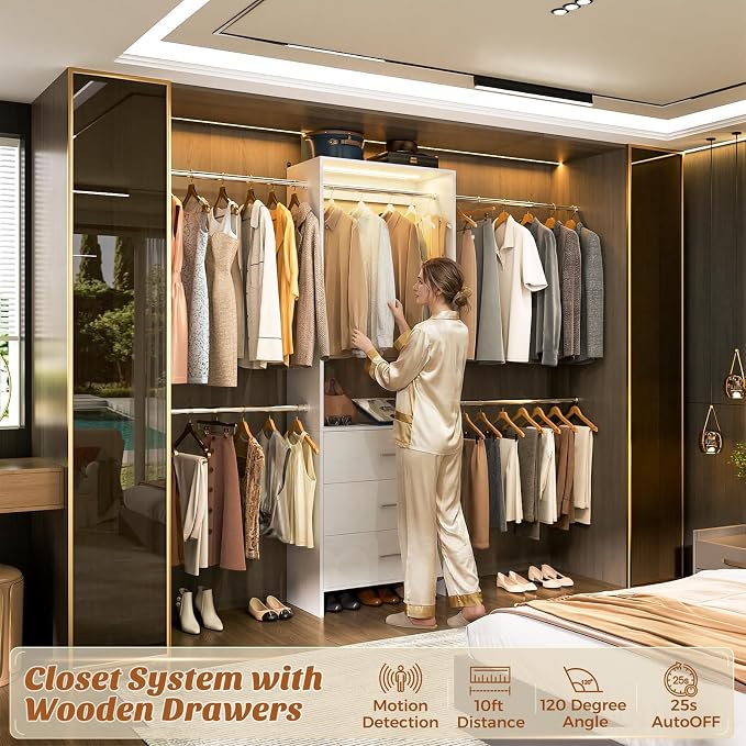 Aheaplus Closet System with Motion-Sensing Light, 3 Wooden Drawers and 4 Hanging Rods, Customizable Walk-in Closet Organizer with 3CCT LED, Wall mounted Garment Rack for Bedroom, White