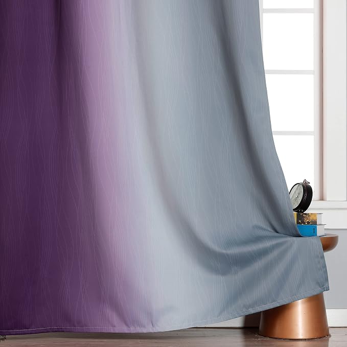 Purple and Grey Ombre Blackout Curtains for Bedroom 52Wx72L Inch 2 Panels | Estelar Textiler Light Blocking,Room Darkening,Thermal Insulated Grommet Drapes with Wavy Line Pattern for Kids Living Room