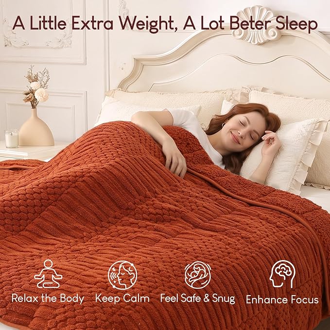 Cottonblue Sherpa Fleece Weighted Blanket 15 lbs for Adults Queen Size Soft | Fuzzy Jacquard Heavy Blankets Throw 60"x80" for Sleep Calm Relax, Cozy Warm Knitted Heavy Blanket for Bed Sofa,Burnt Orange