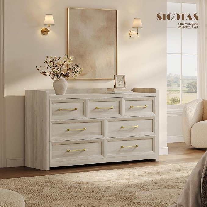 SICOTAS Dresser for Bedroom with 7 Drawers, 56.5" Wide Large Modern Dresser | Chest of Drawers for Living Room, Closet Clothes Storage Organizer Smooth Sliding Drawers, Grey White Oak