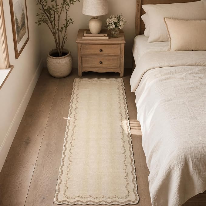 GarveeHome 2.5x8 Scalloped Washable Runner Rug Non Slip Hallway Kitchen Rug | Soft Long Hall Runner Jute Tan Entryway Rug Farmhouse Thin Laundry Mat Stain Resistant Carpet for Bathroom Beside Rug