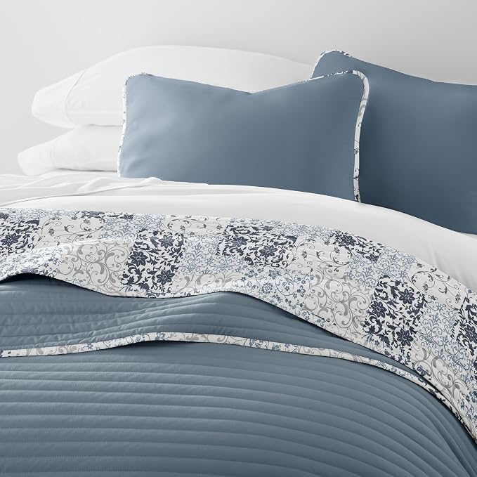 Merit Linens Soft Quilt Coverlet Bedding Set - Pattern/Solid Reversible - King/Cal-King Dusk Blue