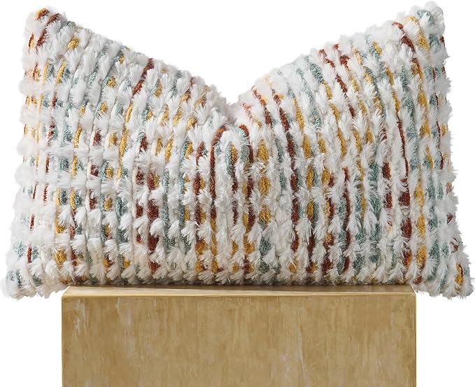 AmHoo Boho Chenille Pillow Cover Decorative Tufted Pillowcase for Couch Bed Sofa Bedroom Living Room Modern 12 x 20-Inch Brown White