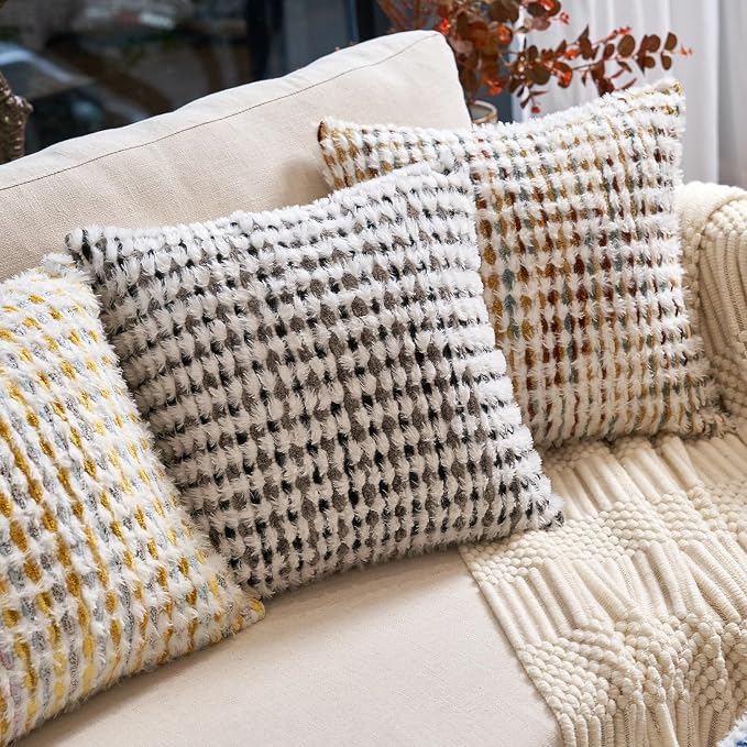 Aeckself Boho Chenille Tufted Pillow Cover 18x18 Inch, Decorative Square Throw Pillow Cover Neutral Pillowcase for Couch Bedroom Living Room, Black Gray