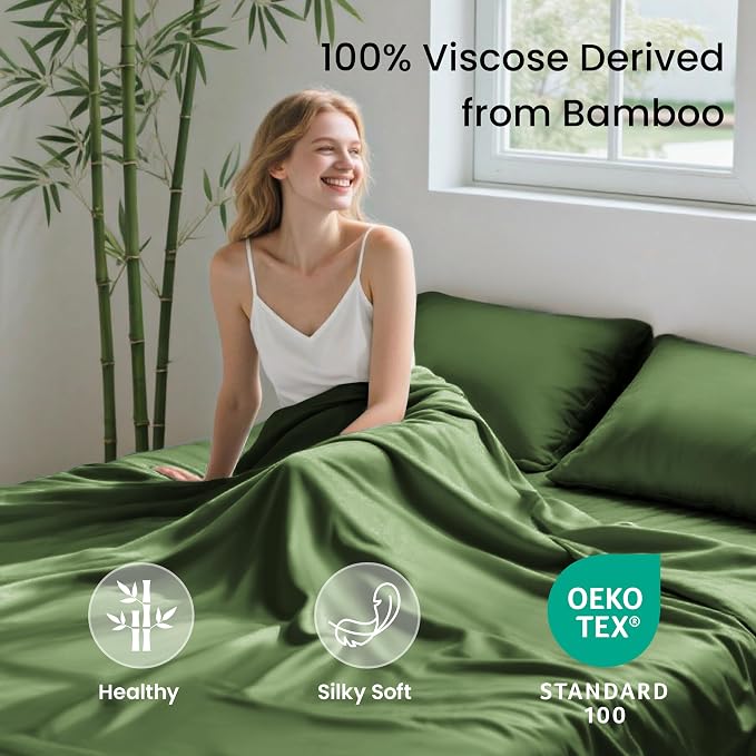 Love's cabin 4 Piece Full Size Sheet Set, 100% Rayon Derived from Bamboo, Cooling & Breathable, Soft Silky Deep Pocket up to 16", Hotel Luxury Bedding for Hot Sleepers, Olive Green