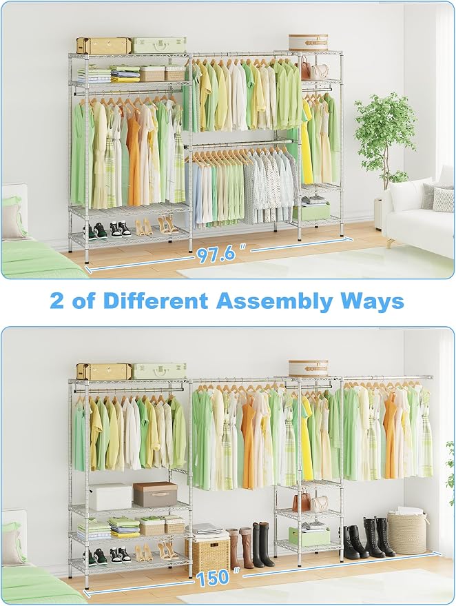 Ulif E11 Heavy-Duty Garment Rack, Metal Clothes Rack, Load 1034lbs, Chrome | Freestanding Expandable Closet Storage Organizer System with 8 Shelves and 4 Hanger Rods, (73.2-97.6)"W x 14.5"D x 71.2"H