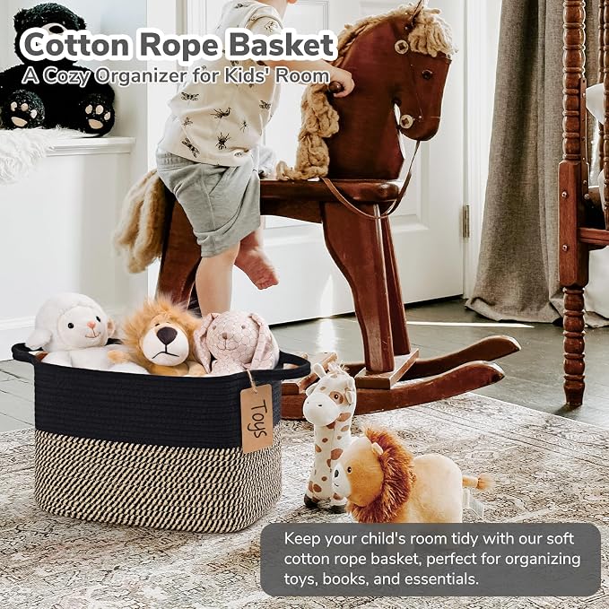 Goodpick Woven Storage Basket for Shelves, Rectangle, Black & Jute | 13" × 10" × 9" Stylish Gift Basket for Home Decor, Wicker Baskets for Shoes, Toys & Books Storage, Reinforced Handles