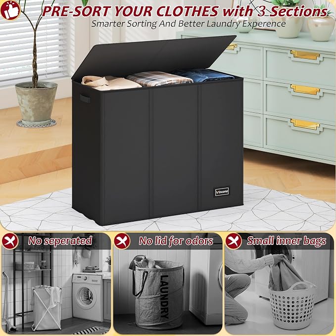 175L Laundry Hamper 3 Section,Large Laundry Hamper with Lid,Dirty Clothes Hamper with 3 Inner Bags,Collapsible Laundry Basket Organizer for Laundry Room,Bedroom,Laundry Sorter Hamper 3 Compartment