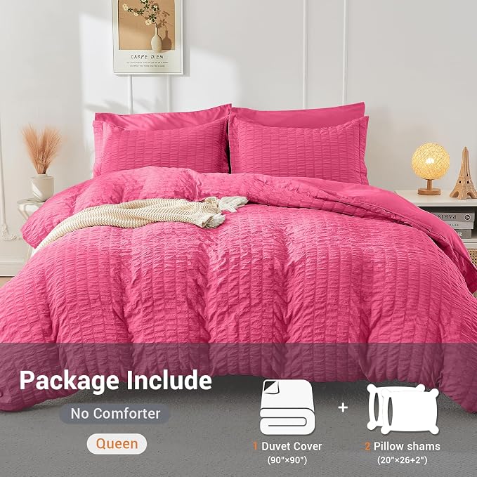HYMOKEGE Hot Pink Duvet Cover Queen Size, Ultra Soft 3-Piece Seersucker Duvet Cover Set with Zipper Closure, Soft Brushed Microfiber Bedding Set with 8 Corner Ties (90"x90", 2 Pillowshams)
