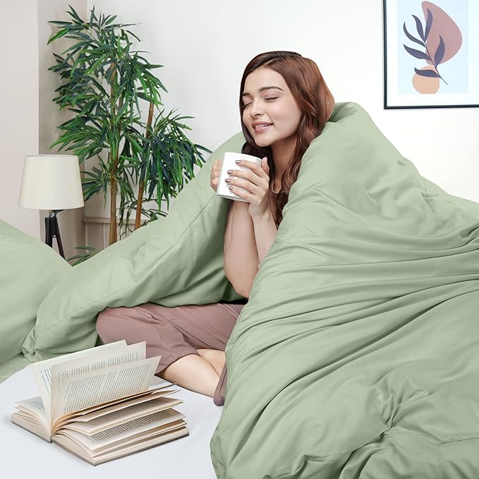Duvet Cover Queen, 3 Piece Cotton Like Polyester With Zipper Closure, Sage | Extra Soft and Breathable, Wrinkle & Fade Resistant, Includes Duvet Cover and 2 Pillow Shams, Comforter Not Included, OekoTex