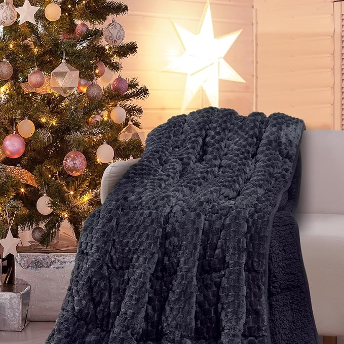 Drewin Weighted Blanket for Adults 60" x 80" 15lbs Fuzzy Blankets Dark Grey | Stress Relief & Better Sleep,Soft Jacquard Sherpa Fleece Heavy Blanket Queen Size, Machine Washable,for Napping & Relaxing
