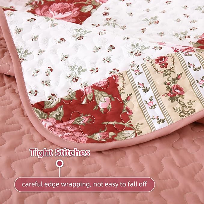 Anibedding Floral Patchwork Quilt Set King Size, Red Rose Plaid Bedspread | Country Floral Boho Coverlet Set, Soft Lightweight Farmhouse Quilt Bedding Set 3 Pieces for All Season, 110''x90''