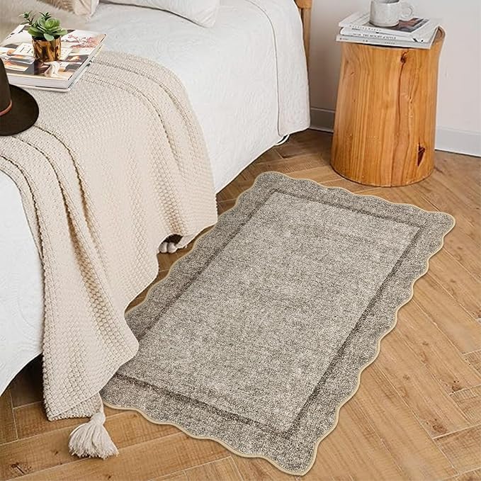 GarveeHome Small Area Rug 2x3 Scalloped Entry Rug Washable, Brown | Modern Kitchen Rugs Solid Bedroom Doormat Non Slip Stain Resistant Bordered Throw Carpet for Living Room Nursery Laundry