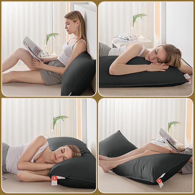 Goose Down Body Pillows for Adults, Large Body Pillow for Side Sleeper, Hugging Feather Body Pillow Insert, Cooling Full Length Long Pillow for Bed with 100% Organic Cotton Shell, (Black 20"x72")