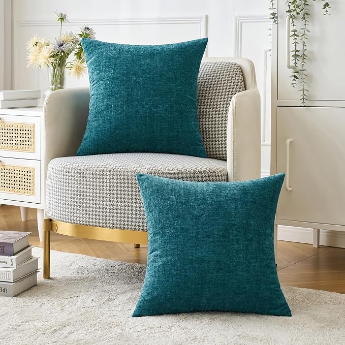 MIULEE Soft Chenille Throw Pillow Covers Dark Teal 18x18 Inch Pack of 2 | Modern Coastal Home Decor, Classic Decorative Pillows, Solid Dyed Cases, Boho Couch Cushion Covers for Sofa Bed Living Room
