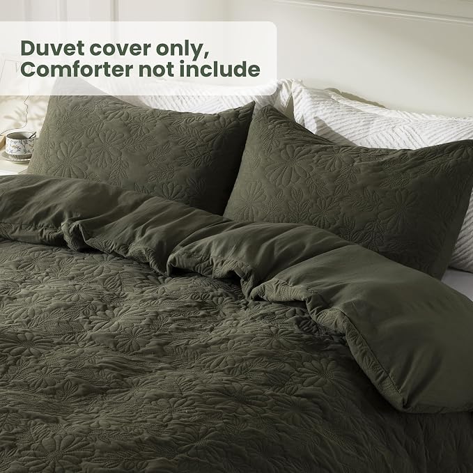 Velvet Olive Green Super Soft Twin Size Floral Textured Duvet Cover Set, 2 Pcs Bedding Comforter Covers with Button Closure for All Seasons, Includes 1 Duvet Cover and 1 Pillowcase (Olive, Twin Size)