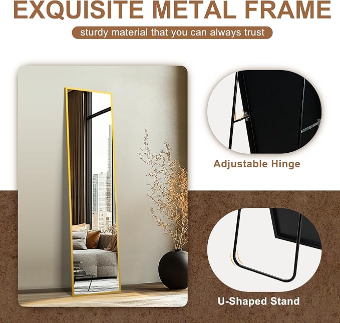 Full Length Mirror with Stand, 56x15 Gold Floor Mirror | Aluminium alloy frame with HD float glass for distortion-free reflection. Free standing or wall mounted.