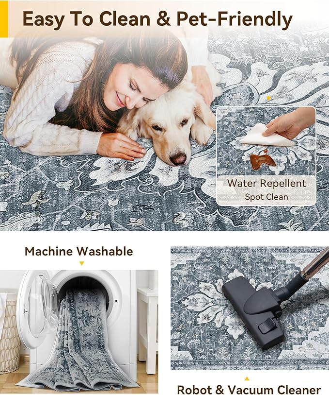 RELEANY Washable Area Rug, Square 10'x10', Grey/White/Beige | Non-Slip, Water Repellent, Pet Friendly, Easy to Clean, Vintage Floral Boho Decor for Living Room Bedroom Dining Room