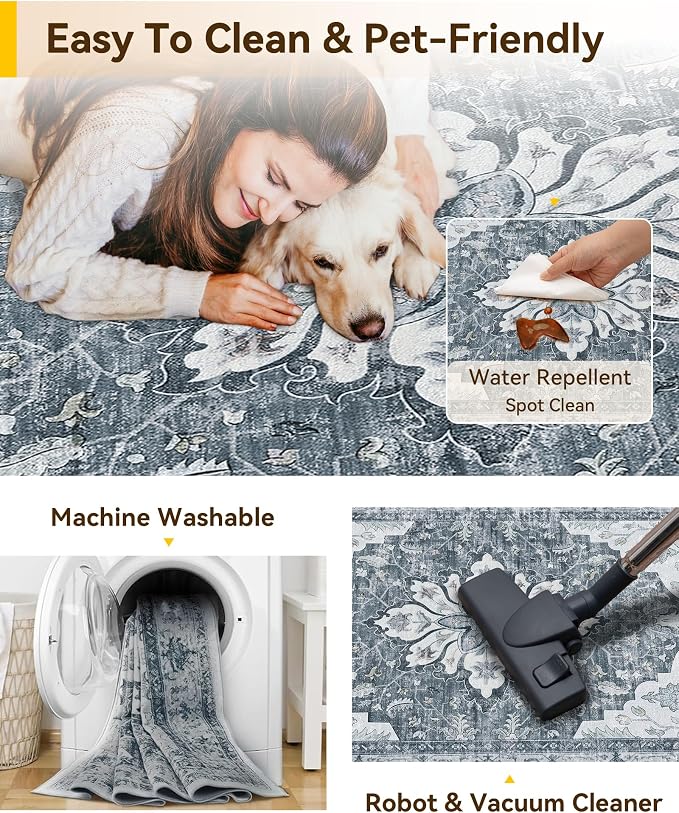 RELEANY Washable Area Rug, Large 9'x12', Grey/White/Beige | Non-Slip, Water Repellent, Pet Friendly, Easy to Clean, Vintage Floral Boho Decor for Living Room Bedroom Dining Room