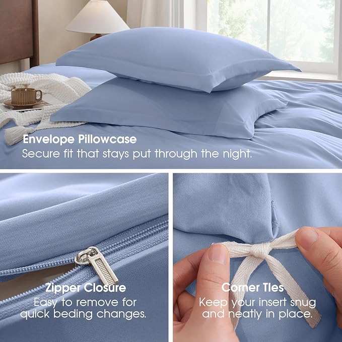 FreshCulture Duvet Cover Queen Size - 3 Pieces Microfiber Duvet Cover Set with Zipper Closure - Lightweight & Easy Care - 1 Comforter Cover & 2 Pillow Shams - Comforter Not Included (Baby Blue)