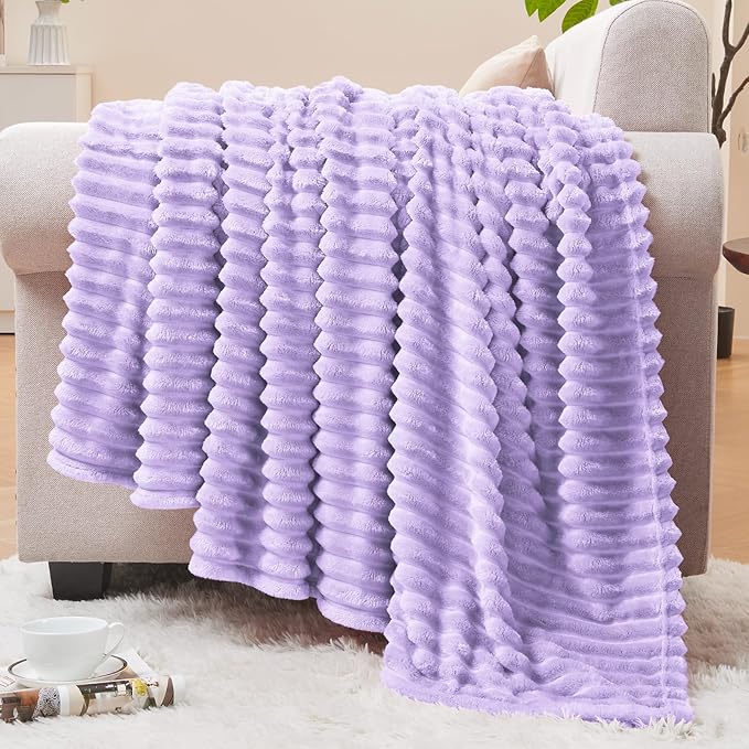BEDELITE 3D Ribbed Pastel Lilac Fleece Throw Blanket for Couch, 50x60 Inch | Soft Warm Decorative Fluffy Blanket, Cozy Plush Lightweight Fuzzy Throw Blanket for Bed Sofa Home Room Decor, Gift for Women