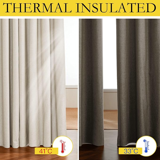 NICETOWN Beige Blackout Curtains for Boy's Room 52" w x 80" L 2 Panels | 100% Room Darkening Linen Texture Thermal Insulated Full Room Darkening 2-Layer Lined Drapes, Energy Efficiency Draperies
