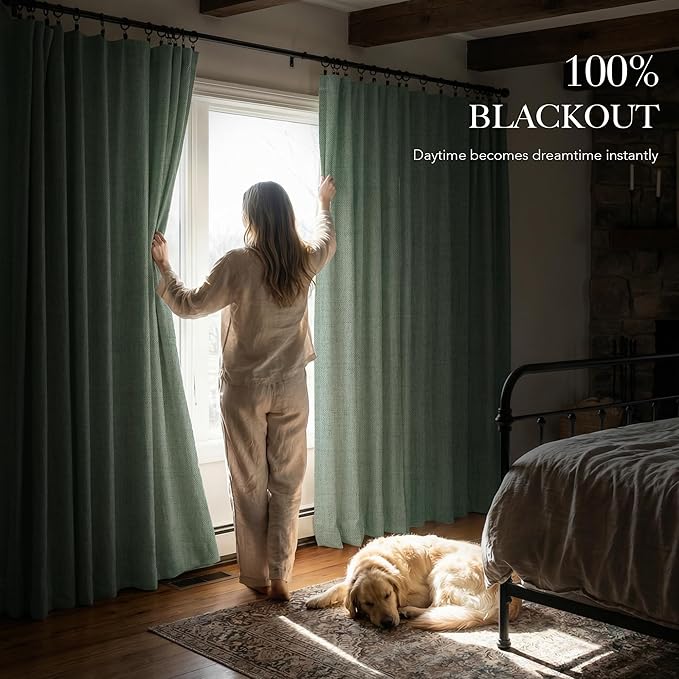 RYB HOME Sage Green 100% Blackout Curtains 90 Inch for Bedroom Living Room | Thermal Insulated, Linen Texture, Farmhouse Back Tab Rod Pocket, for Office Dining Room Nursery, W52 x L90, 2 Panels