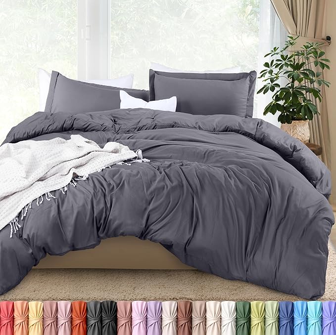 Duvet Cover Full, 3 Piece Cotton Like Polyester With Zipper Closure, Grey | Extra Soft and Breathable, Wrinkle & Fade Resistant, Includes Duvet Cover and 2 Pillow Shams, Comforter Not Included, OekoTex
