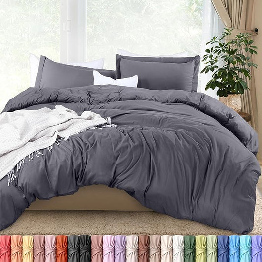 Duvet Cover Full, 3 Piece Cotton Like Polyester With Zipper Closure, Grey | Extra Soft and Breathable, Wrinkle & Fade Resistant, Includes Duvet Cover and 2 Pillow Shams, Comforter Not Included, OekoTex