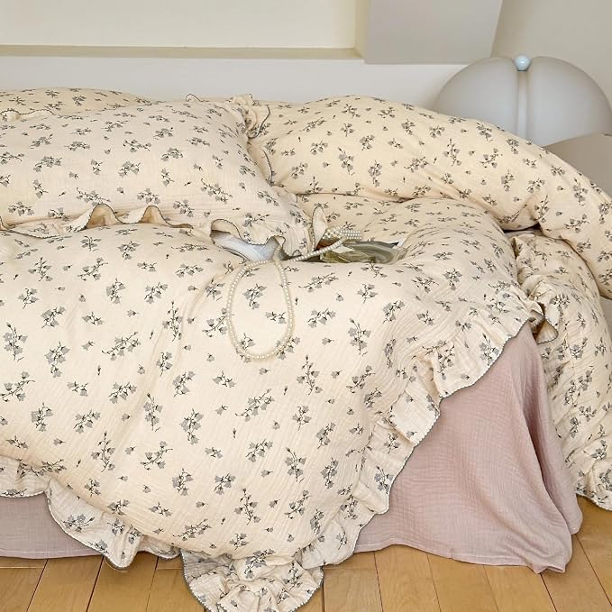 Muslin Duvet Cover Queen, Chic Ruffles Comforter Cover 90"x90",Princess Girls Teens Bedding Double-Layer Gauze Cotton Quilt Covers with Zipper Closure, Hyacinth Print, No Pillow Case