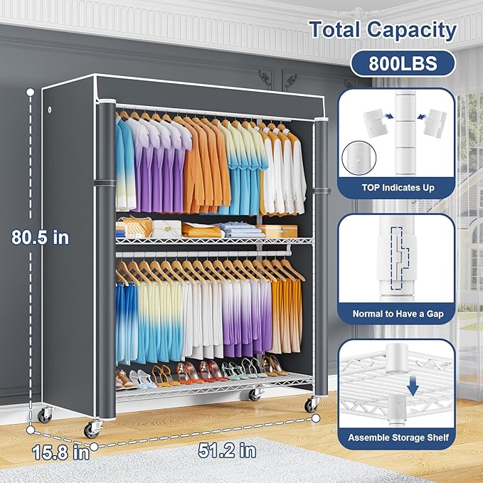 P8C Max Heavy Duty Clothes Rack（With Extended Width Design） Rolling Clothing Racks for Hanging Clothes with Lockable Wheels，51.2" W x 15.8" D x 80.5" H，Load 800LBS，White Rack with Grey Cover