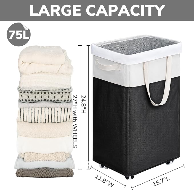 Goodpick 2-Pack Rolling Laundry Basket with Wash Bag, Hamper for Dorm, 75L | Laundry Hamper with Wheels & Handles for Dirty Clothes, Clothes Hamper, Dorm Room Essentials, Black & White