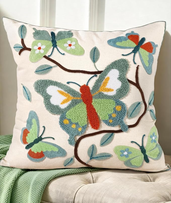 Embroidered Throw Pillow Cover 18x18 Inch, Branch Butterfly | Decorative Pillow Cover, Cottagecore Cushion Case with Hidden Zipper, Botanical Decor for Couch, Sofa, Living Room, Bedroom