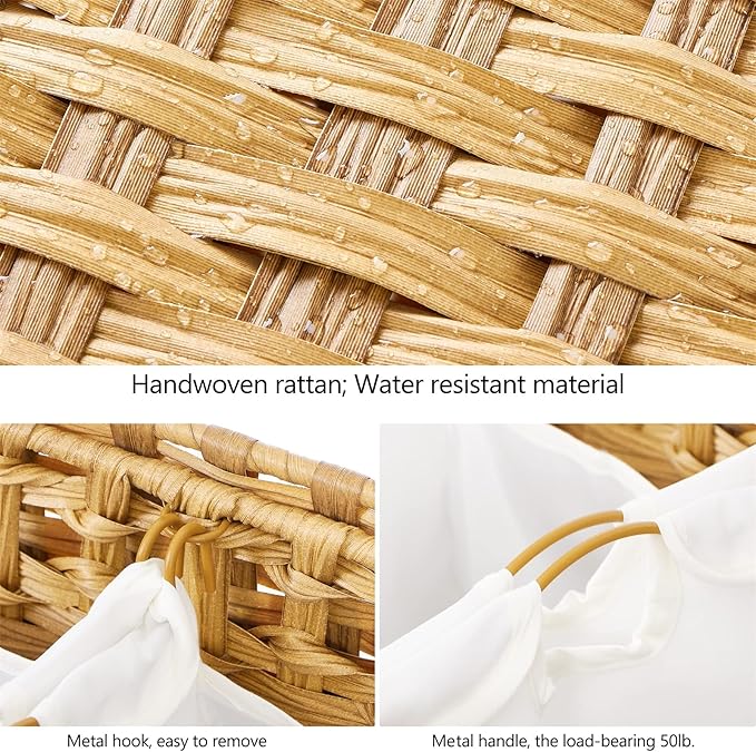 Laundry Hamper with 3 Removable Liner Bags, 132L Laundry Sorter with Lid | Raised Feet; Side Carry Handles; Handwoven PP Rattan; Rust-Resistant Iron Frame; Decorative Woven Design